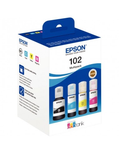 Epson 102 pack de de 4 flacons jet d'encre noire, cyan, magenta et jaune authentique (T03R640) Profitez des Offres !